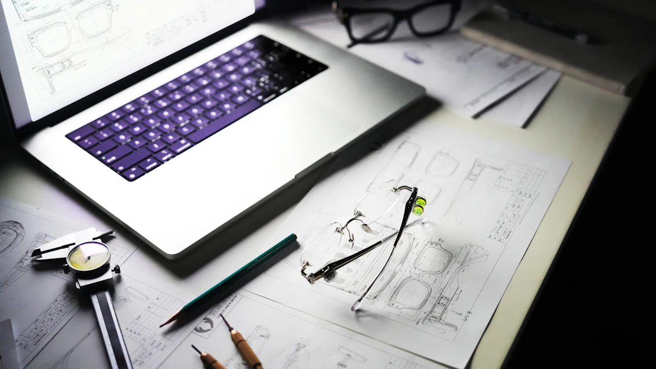 Escritorio con una laptop, planos y herramientas