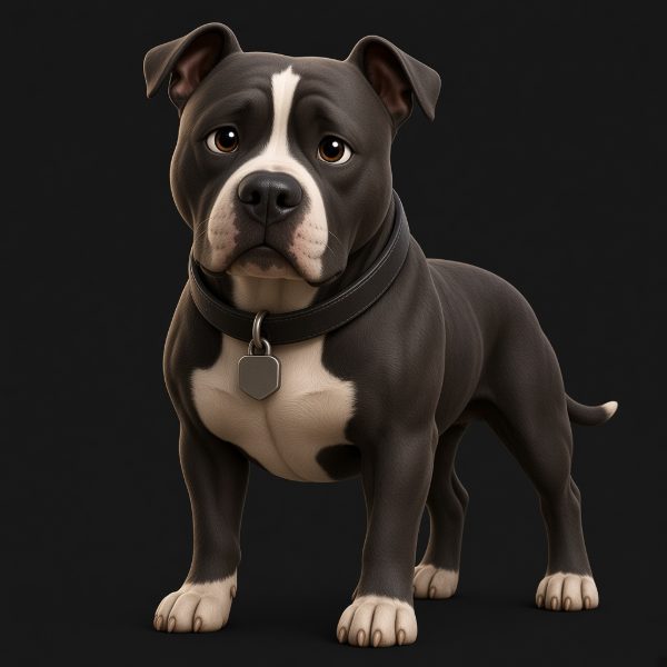 Tank de pie, tranquilo, con su collar y su placa