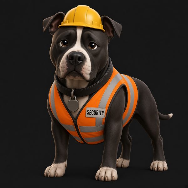 Tank, un perro gris oscuro y blanco con casco amarillo y chaleco de seguridad naranja que dice Security