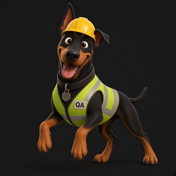 Thor, un perro negro y fuego en pleno salto con casco amarillo y chaleco de seguridad verde lima que dice QA